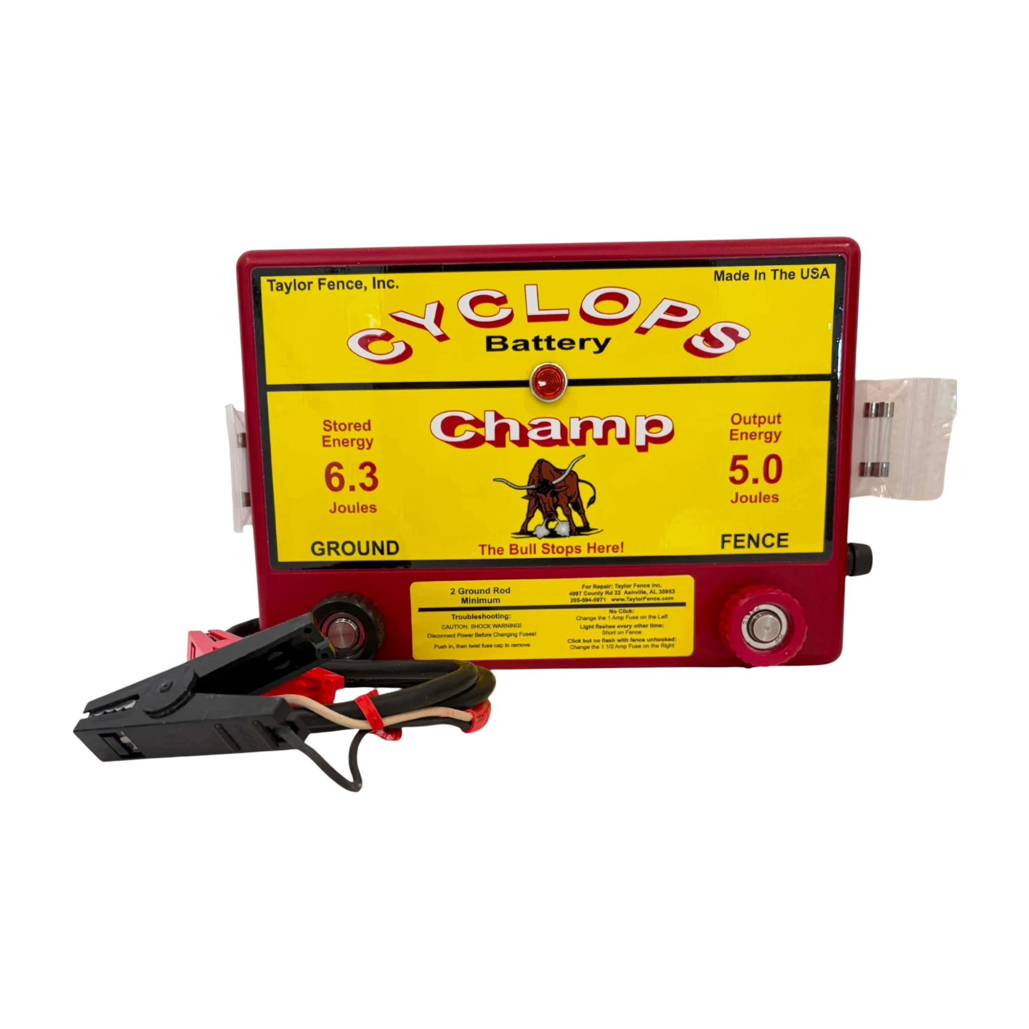 USA Grazing Systems Cyclops 5 Joule Champ electric fence energizer, red, with yellow faceplate and bull graphic. Features 5.0 Joules output energy.